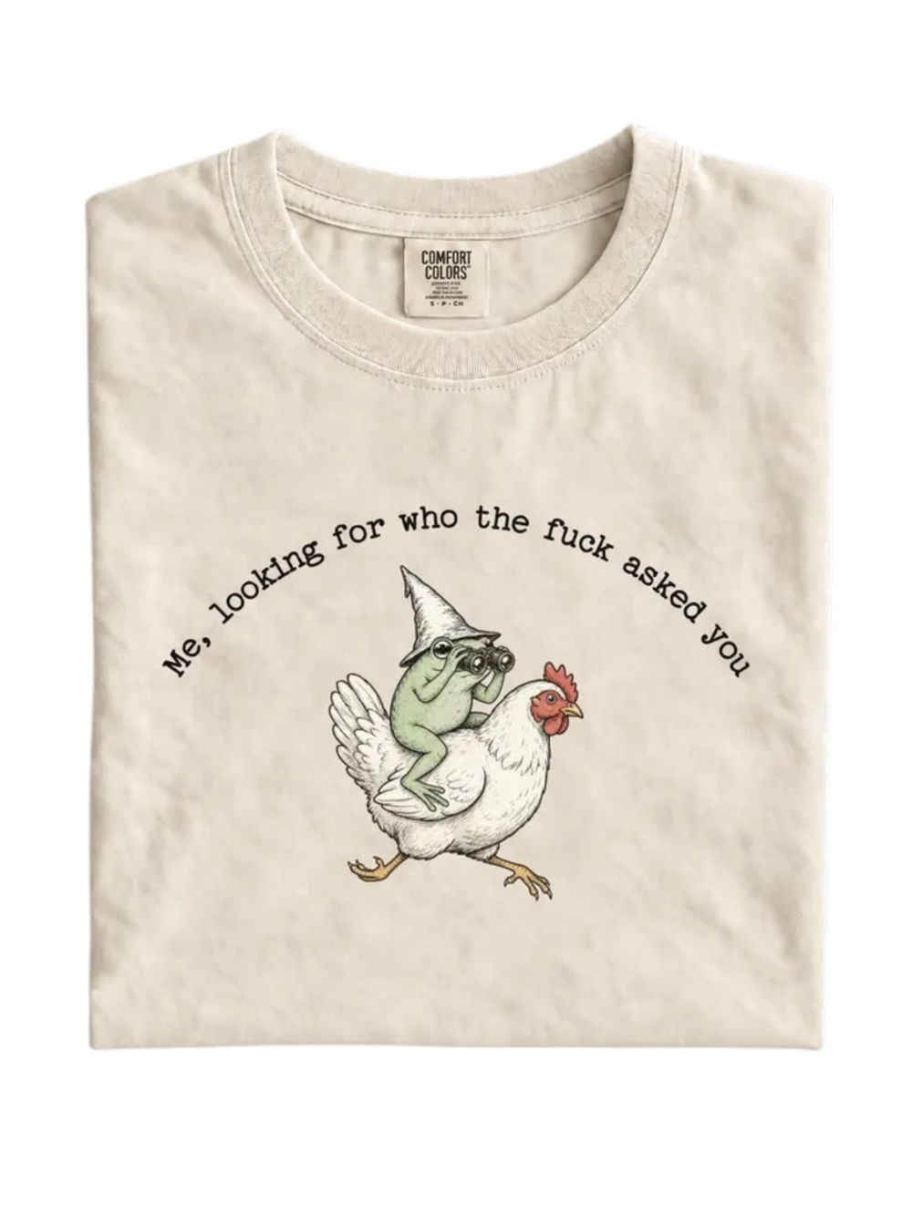 Comfort Colors Ivory Graphic Tee with Frog Riding Chicken Illustration